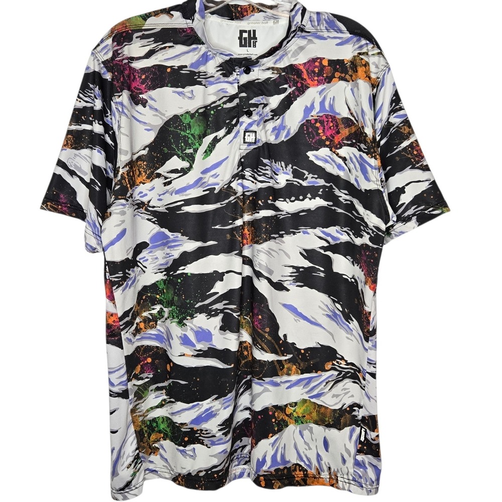 Greater Half Polo Shirt Mens Large L Tiger Stripe‎ Paint Splatter Henley Golf GH